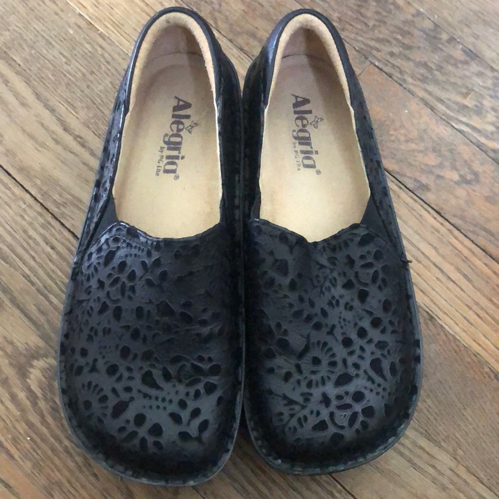 Alegria Black Floral Cutout Loafers